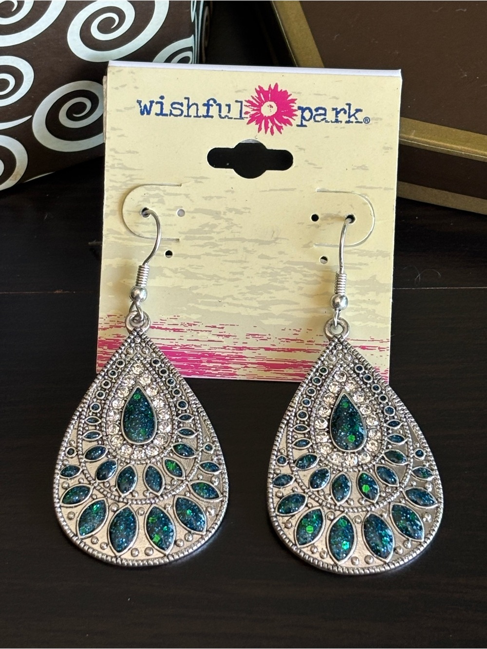 Silver Teardrop Earrings with Blue-Green Inlay
